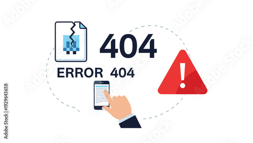 Frustrated user interacts with a smartphone displaying a 404 error message as warning icons and a broken document represent technical failure.