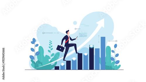 Ambitious businessman in a suit climbs a rising bar chart towards a large upward arrow signifying career growth and corporate success.