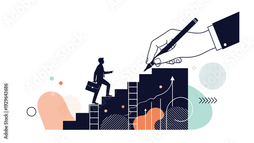 Giant hand uses a pencil to draw higher stairs for a climbing businessman illustrating mentor support, career planning, and building success.