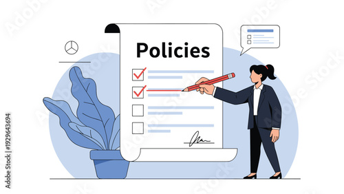 Businesswoman uses a red pencil to check off items on a large formal policies document signifying compliance and regulatory adherence.