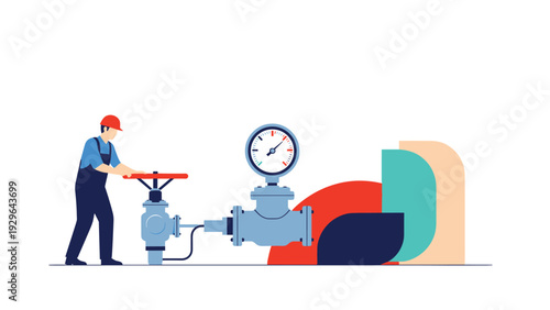 Skilled worker in a hard hat and overalls carefully turns a large valve handle on an industrial pipe with a pressure gauge attached.