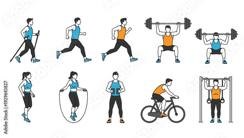Collection of diverse physical exercise icons showing people running, lifting weights, cycling, and jumping rope for health.