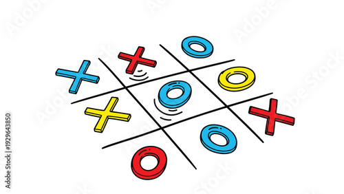 Three dimensional tic-tac-toe board with colorful X and O pieces representing strategy and competition in a fun board game.