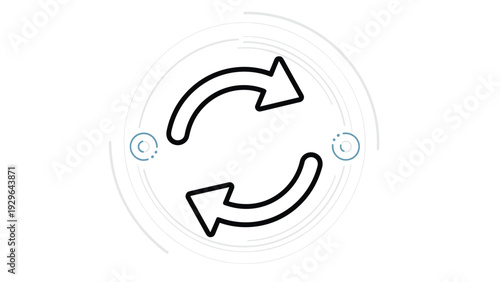 Minimalist black line art illustration of two arrows forming a circular refresh or recycle symbol for sustainable processes.