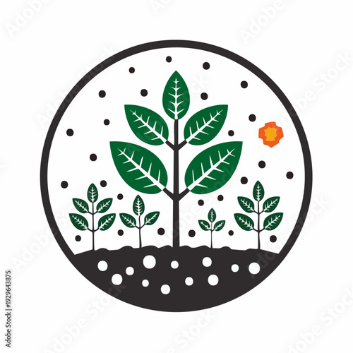 Green sprouts and vibrant leaves growing in a circular garden with sun, symbolizing growth, nature, and sustainability