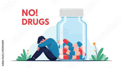 Man sitting in despair beside a giant bottle filled with pills under no drugs text for addiction awareness and prevention.