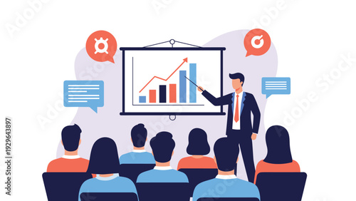 Professional businessman giving a financial presentation to an audience using a large bar chart on a screen for analysis.