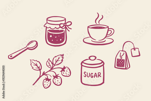 Strawberry tea doodle breakfast set vector illustration