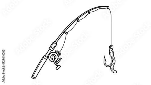 Simple black and white line art illustration of a fishing rod with a reel, line, hook, and an earthworm used as bait.