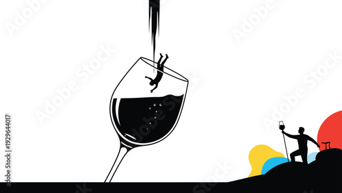 Conceptual illustration of alcohol addiction or alcoholism showing a tiny person falling into a large wine glass filled with liquid.