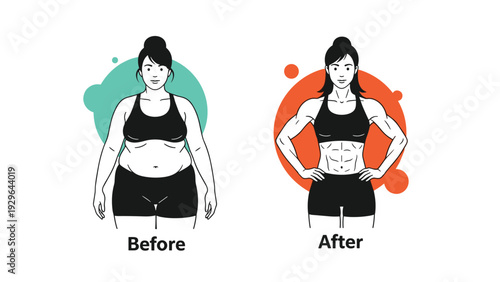 Fitness transformation showing a woman before and after weight loss and muscle building progress with a healthy lifestyle and exercise.