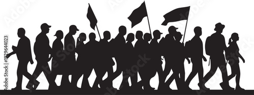 People silhouette walking in protest march with flags in line art vector for illustration
