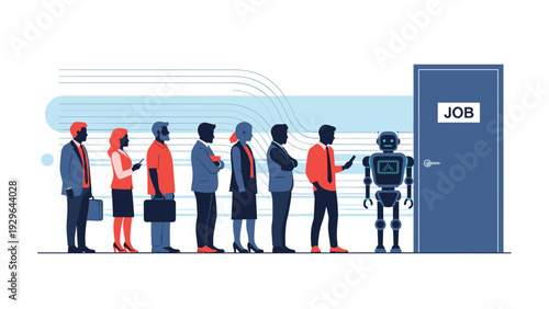 Automation and job displacement concept showing a long line of humans waiting to enter a job office with a robot ahead of them.