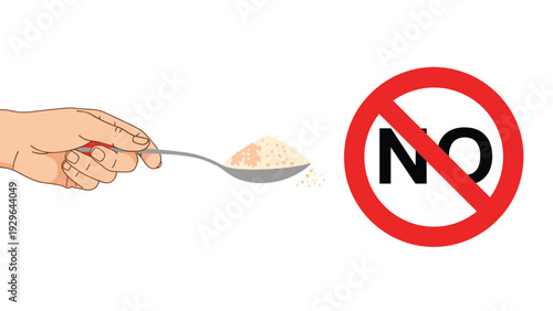 Sugar reduction and health concept showing a hand with a spoonful of sugar and a red circle 'NO' sign for a healthy diet.