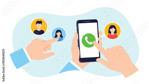 Remote communication concept showing hands using a mobile phone to make a call with multiple user icons representing contacts.