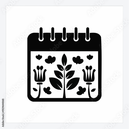 Calendar icon depicting a vibrant plant growing, surrounded by stylized floral elements, symbolizing environmental planning, seasonal events, and nature-related scheduling for a prosperous future