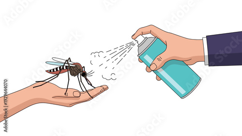 Pest control concept showing a hand using an aerosol spray can to kill a large mosquito sitting on another person's hand.