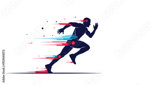 High performance athlete concept showing a dark silhouette of a man running fast with colorful motion blur lines and dots.