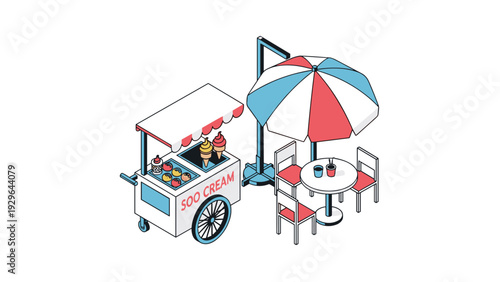 Isometric illustration of a small white and blue ice cream vending cart with a striped umbrella and two small tables with chairs.