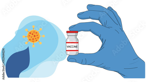 Healthcare and immunization concept featuring a blue gloved hand holding a medical vaccine vial next to a coronavirus illustration.