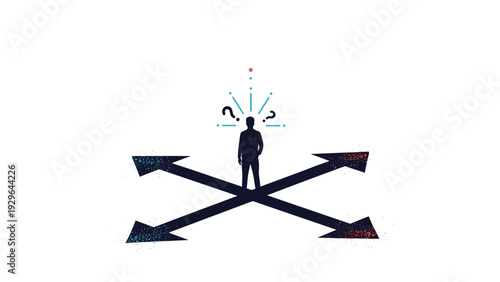 Decision making and career direction concept showing a silhouette of a person at an intersection of four arrows with question marks.
