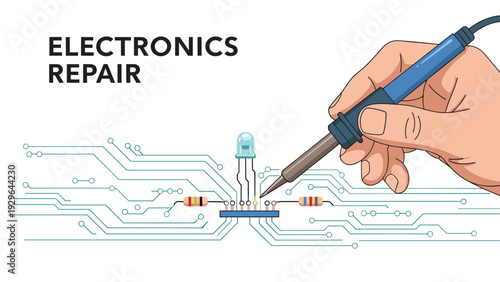 Electronics repair and engineering concept showing a hand using a soldering iron to fix components on a circuit board.