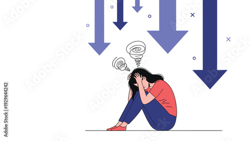 Depression and mental health struggle concept showing a woman sitting in despair under multiple large downward pointing arrows.