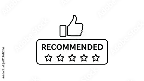 Customer recommendation and quality review icon featuring a thumbs up symbol with the word recommended and five stars.