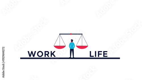 Work life balance concept showing a person standing between two sides of a weighing scale labeled work and life.