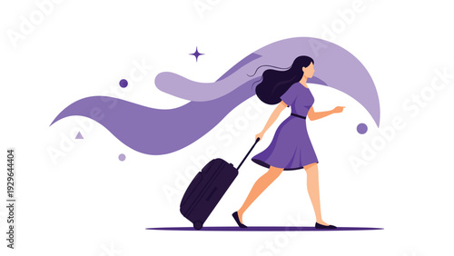 Stylish woman in a purple dress confidently pulls a suitcase while traveling against a background of abstract purple flowing shapes.