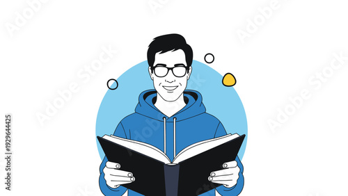 Happy young man wearing glasses and a blue hoodie is shown reading an open book against a simple circular background for educational themes.