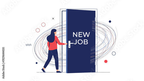 Determined woman opens a dark blue door marked with new job text as swirling lines suggest a transition into a fresh career opportunity.