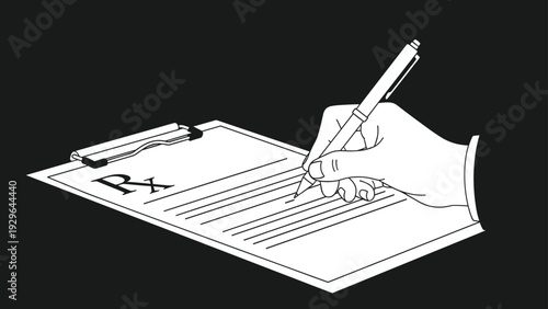 Detailed illustration of a hand using a pen to write on a medical prescription form held on a clipboard against a dark background.