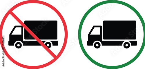 truck loading zone signs for allowed and prohibited areas, clear parking restriction symbols for delivery vehicles, commercial transport guidance, warehouse dock safety and urban traffic control infor
