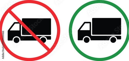 truck loading zone signs for allowed and prohibited areas, clear parking restriction symbols for delivery vehicles, commercial transport guidance, warehouse dock safety and urban traffic control infor