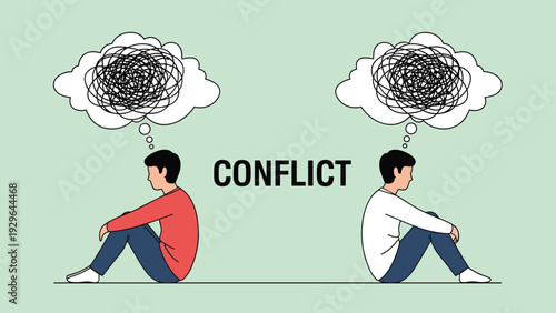 Two people sitting back-to-back with tangled thought clouds above them illustrate the concept of conflict and lack of communication.