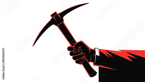 Strong hand firmly grips a black pickaxe against a stark white background in a graphic style suggesting manual labor or mining.