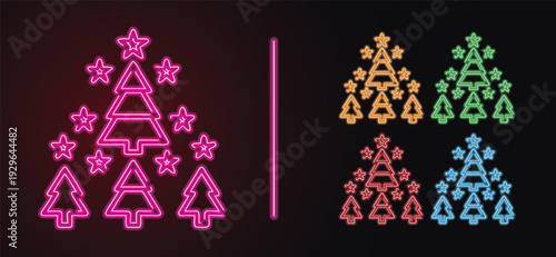 Neon Christmas Tree Icon Set with Star – Colorful Glowing Holiday Symbols, Outline neon Christmas tree icon. Glowing neon Christmas tree with star and plump rounded shape, Neon Christmas tree star