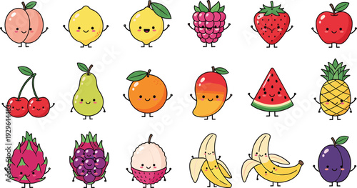 Collection of Cute Kawaii Fruit Characters with Happy Faces Featuring Lychee Dragon Fruit Mango and Peach Cartoon Vector Illustration Bundle for Healthy Food Design