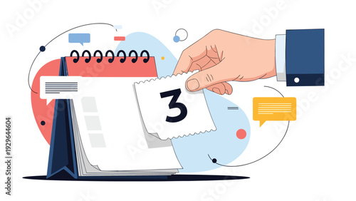 Hand tearing a page from a desk calendar with the number three displayed to represent deadlines, scheduling, or time management.