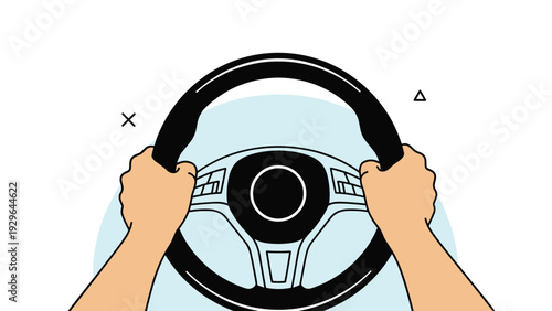 Pair of hands firmly gripping a steering wheel from a first-person perspective depicts driving and being in control of a vehicle's direction.