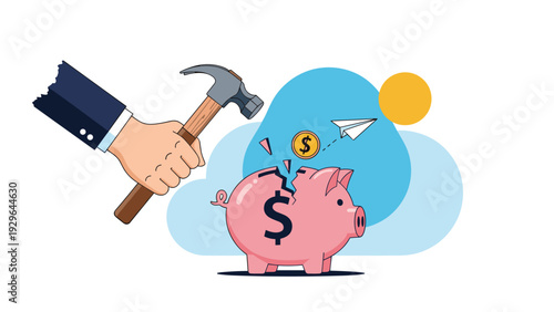 Dramatic illustration shows a hammer breaking a pink piggy bank as a coin and paper plane fly out representing spending or financial loss.