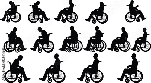 Wheelchair user silhouette set, disabled person mobility accessibility vector isolated white background disability support healthcare illustration collection design