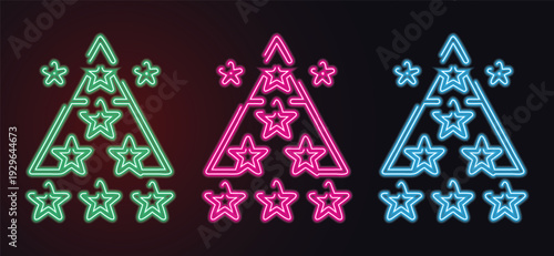 Neon Christmas Tree Icon Set with Star – Colorful Glowing Holiday Symbols, Outline neon Christmas tree icon. Glowing neon Christmas tree with star and plump rounded shape, Neon Christmas tree star