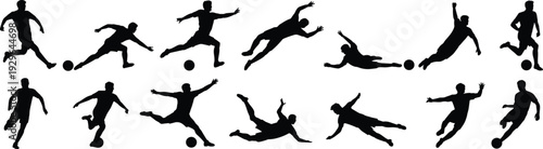 Collection of Soccer Player Silhouettes in Various Action Poses for Sports Design and Graphics, silhouette drawing flat vector illustration
