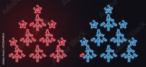 Neon Christmas Tree Icon Set with Star – Colorful Glowing Holiday Symbols, Outline neon Christmas tree icon. Glowing neon Christmas tree with star and plump rounded shape, Neon Christmas tree star