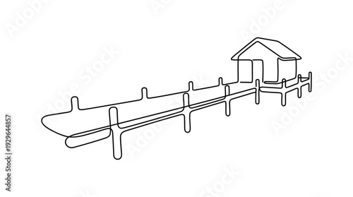 Marina Pier Single Continuous Line Icon, Minimal Dock with Small Hut Outline