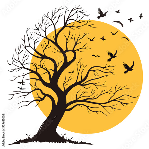Silhouette of a large leafless tree with birds flying around a full orange moon, creating an atmospheric and serene nocturnal scene