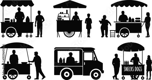 Collection of Street Food Stall and Food Truck Silhouettes, Silhouette Drawing Flat Vector Illustration of Outdoor Market Vendors and Mobile Catering Carts