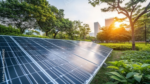 Expansive solar panel array captures sun's energy amidst urban greenery and city skyline at sunset, symbolizing clean power for future development.